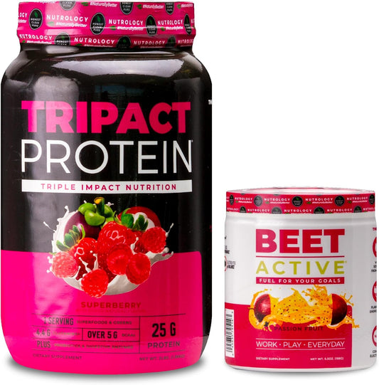 Nutrology TRIPACT Protein Powder Superberry & Beet Active Bundle, 7-in-1 Meal Replacement & Pre-Workout Powder, Passion Fruit & Natural Flavors