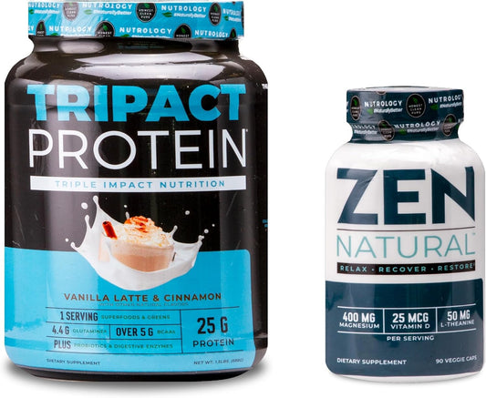 Nutrology TRIPACT Protein Powder & Zen Natural Magnesium Supplement Bundle - Vanilla Latte Cinnamon Flavor - 20 Servings Each