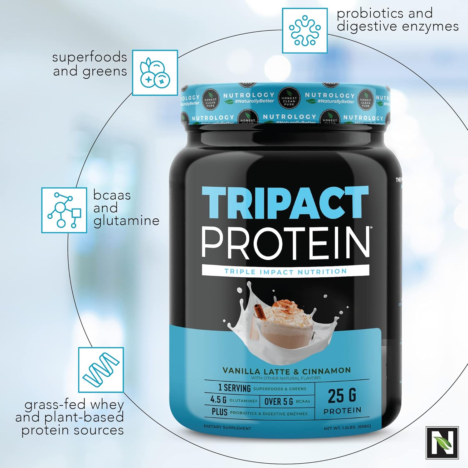 Nutrology TRIPACT Protein Shake - Premium Non-GMO Grass Fed Whey Protein with Plant Proteins, Greens, Superfoods & Probiotics - Creamy Chocolate Vanilla Latte Flavor - 1.5lb Each