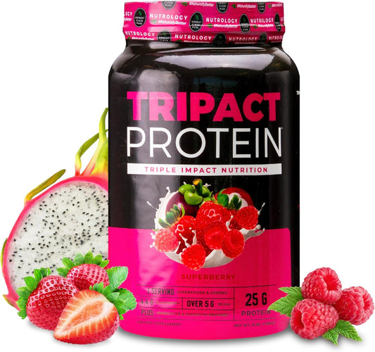 Nutrology TRIPACT Superberry Protein Powder: 7-in-1 Meal Replacement Shake with Grass Fed Whey, Greens, Probiotics & BCAAs (40 Servings) - BoostGo Australia