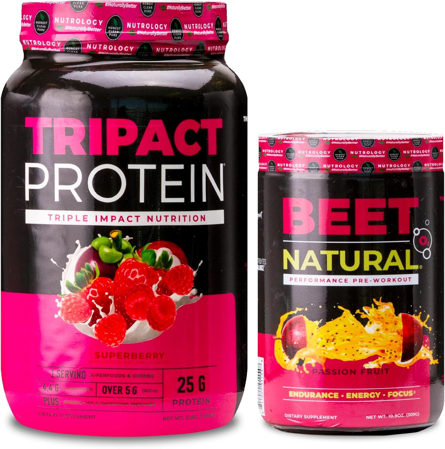 Nutrology TRIPACT Superberry Protein Powder & Beet Natural O2 Pre Workout Bundle
