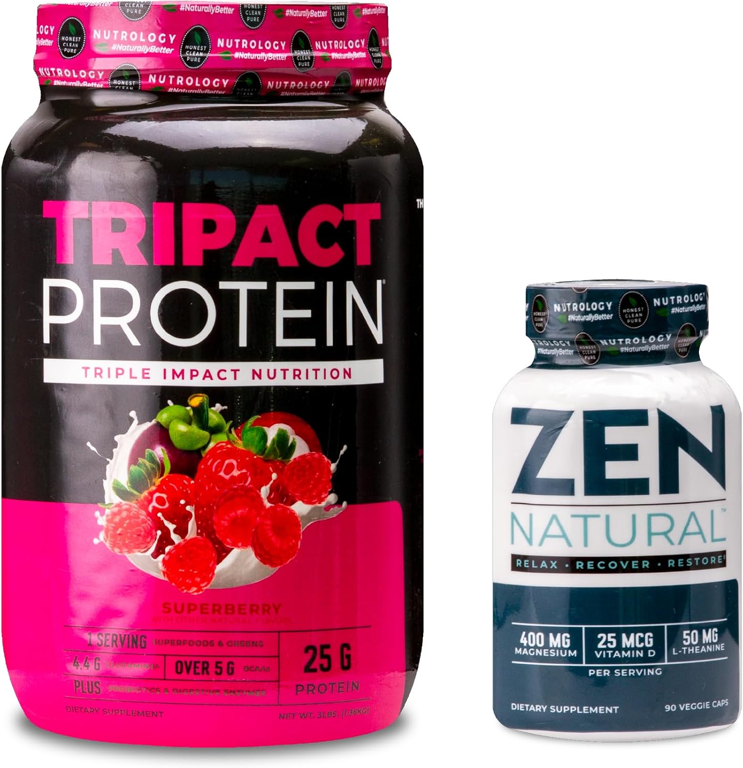Nutrology TRIPACT Superberry Protein Powder & Zen Natural Magnesium Supplement Bundle - 70 Servings