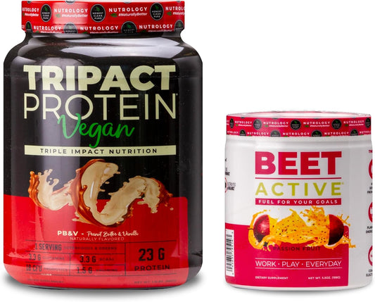 Nutrology TRIPACT Vegan Protein Powder & Beet Active Pre-Workout Bundle, Peanut Butter Vanilla & Passion Fruit Flavors (50 Servings)