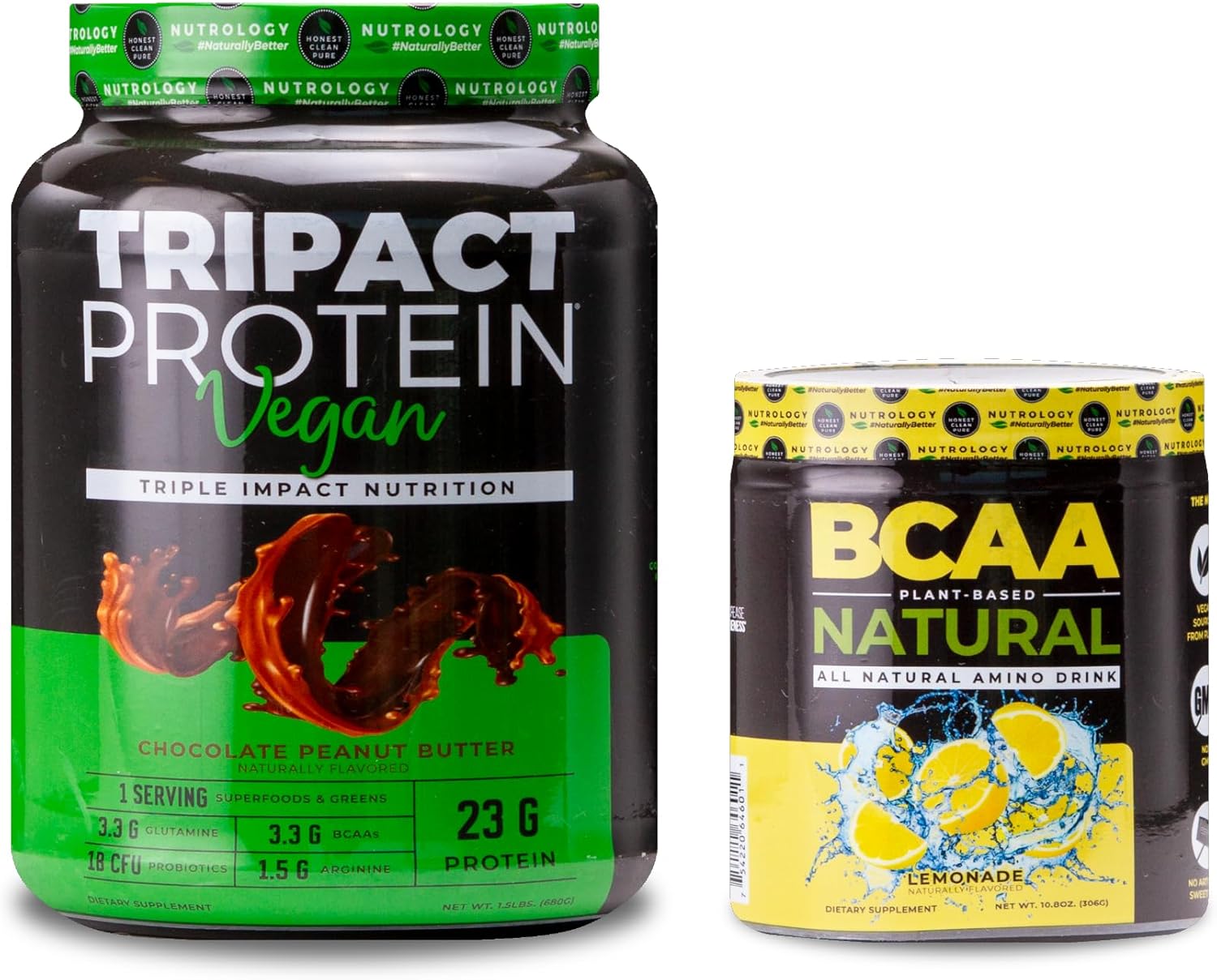 Nutrology TRIPACT Vegan Protein Powder, Chocolate Peanut Butter (20 Servings) + Plant Based BCAA Powder, Lemonade Flavor (30 Servings)