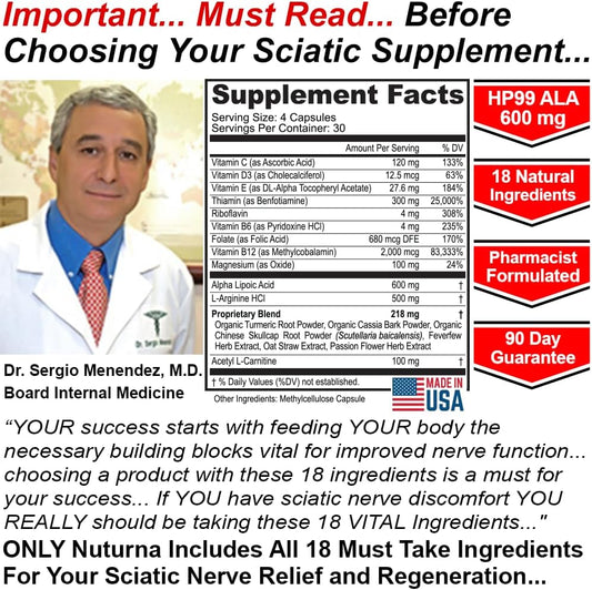 Nuturna Maximum Strength Sciatica Supplement with Alpha Lipoic Acid - Natural Nerve Vitamins for Hands, Feet, Legs - 120 Capsules
