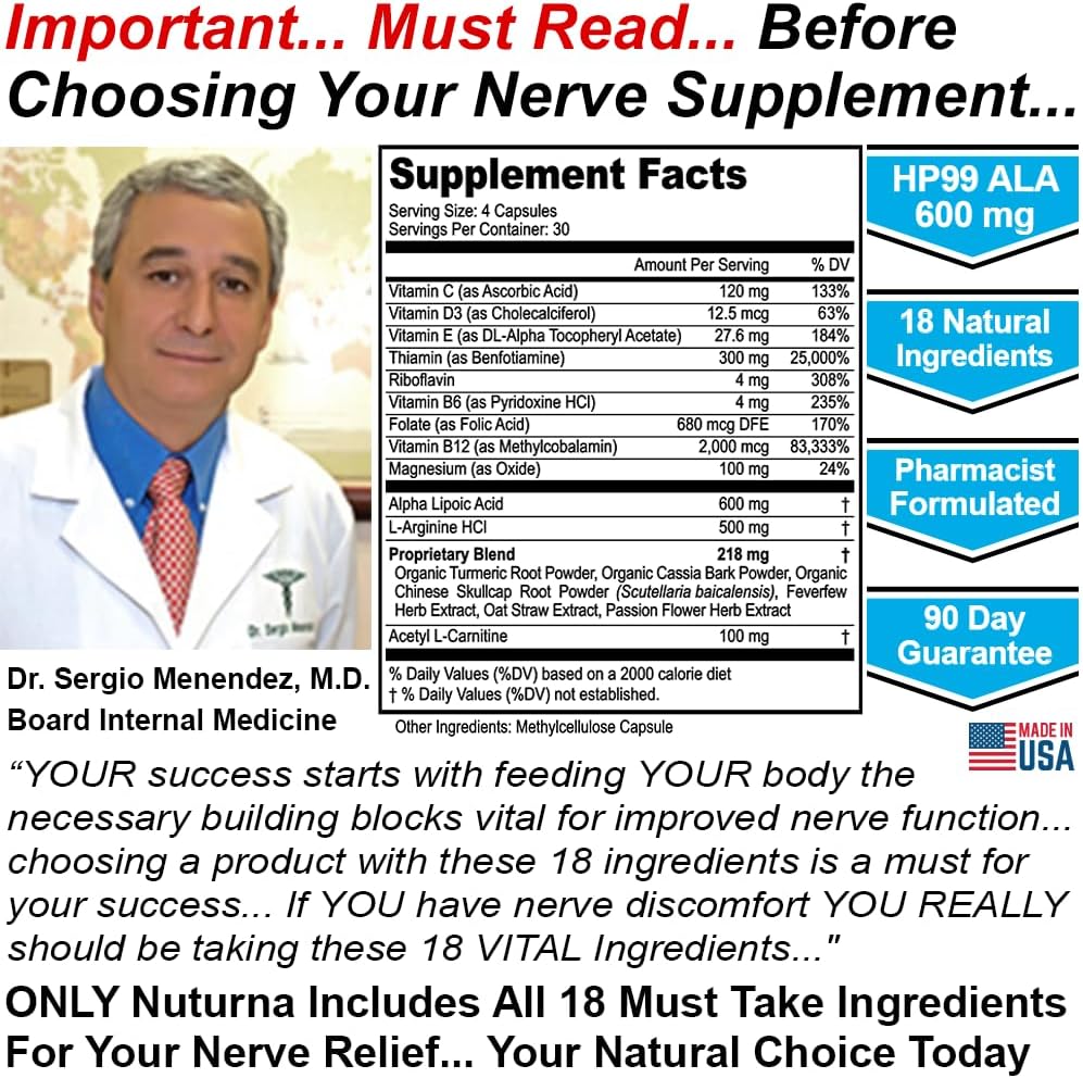 Nuturna Neuropathy Support Supplement - Maximum Strength ALA Nerve Support - Natural Nerve Vitamins - 120.02 Capsules