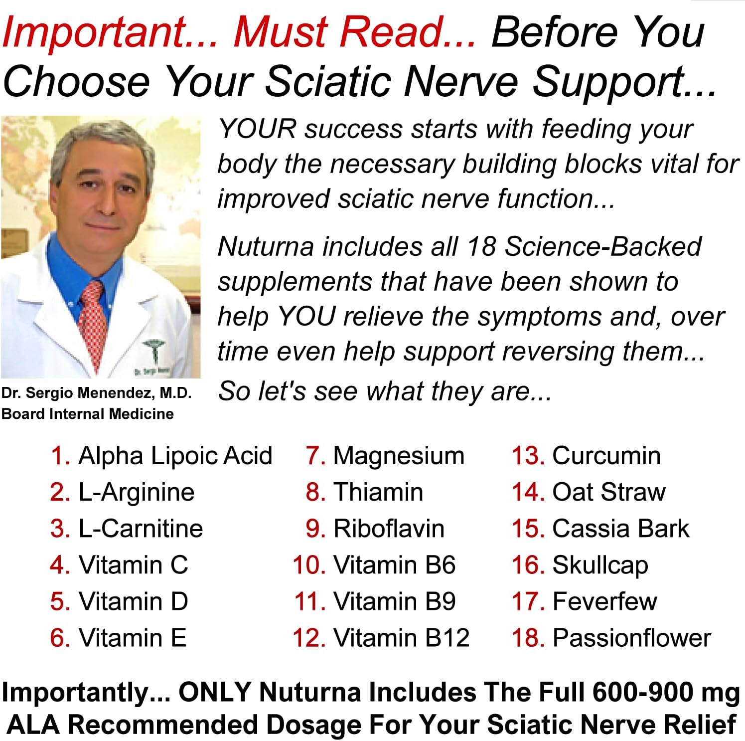 Nuturna Sciatic Nerve Relief Support Formula Supplement - 18-in-1 Sciatica Nerve Formula with 600mg Alpha Lipoic Acid & Turmeric Curcumin - 120 Pills, USA Made