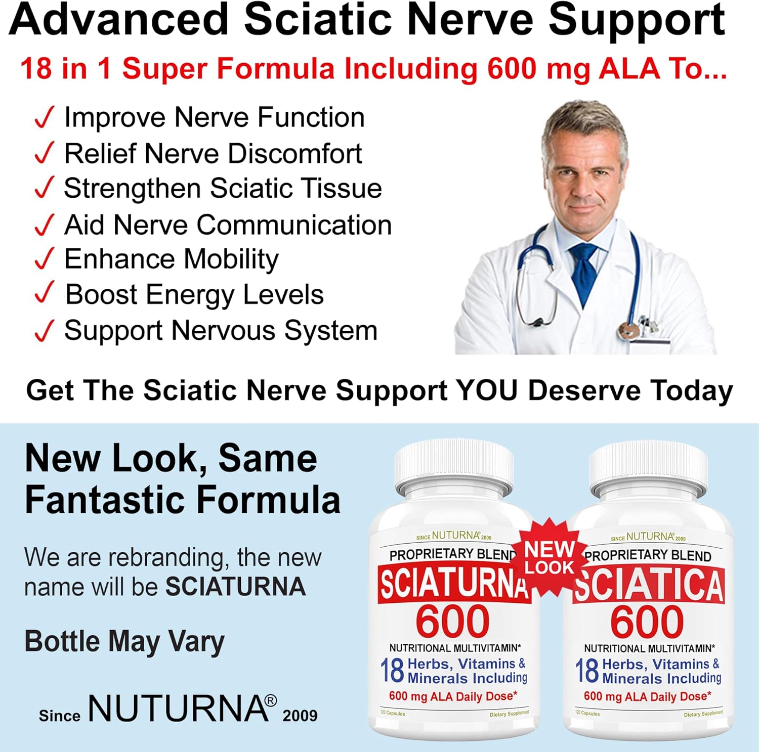 Nuturna Sciatic Nerve Relief Support Formula Supplement - 18-in-1 Sciatica Nerve Formula with 600mg Alpha Lipoic Acid & Turmeric Curcumin - 120 Pills, USA Made
