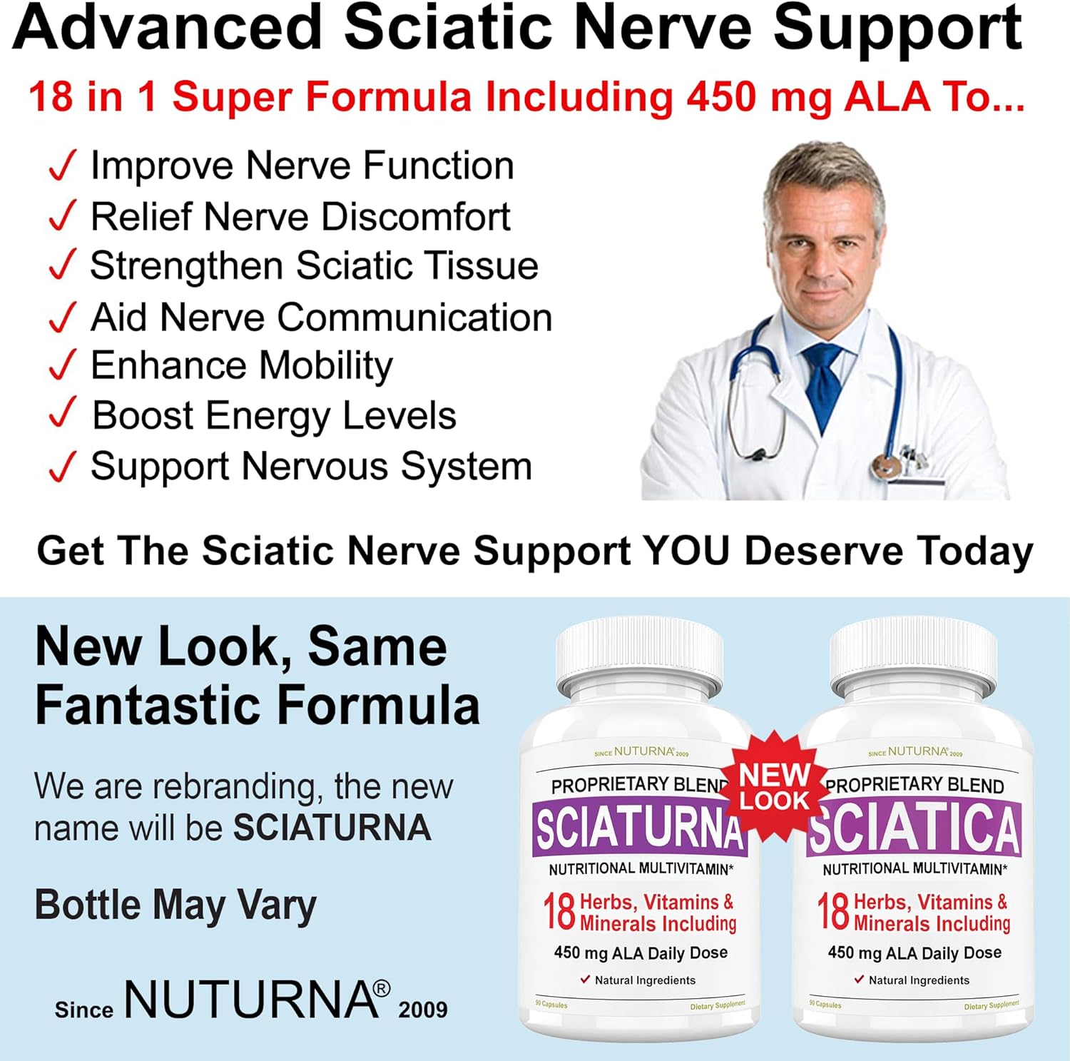 Nuturna Sciatic Nerve Relief Support Supplement with Alpha Lipoic Acid - 18-in-1 Formula for Back, Hip, Leg Pain - Natural Relief - 90 Capsules