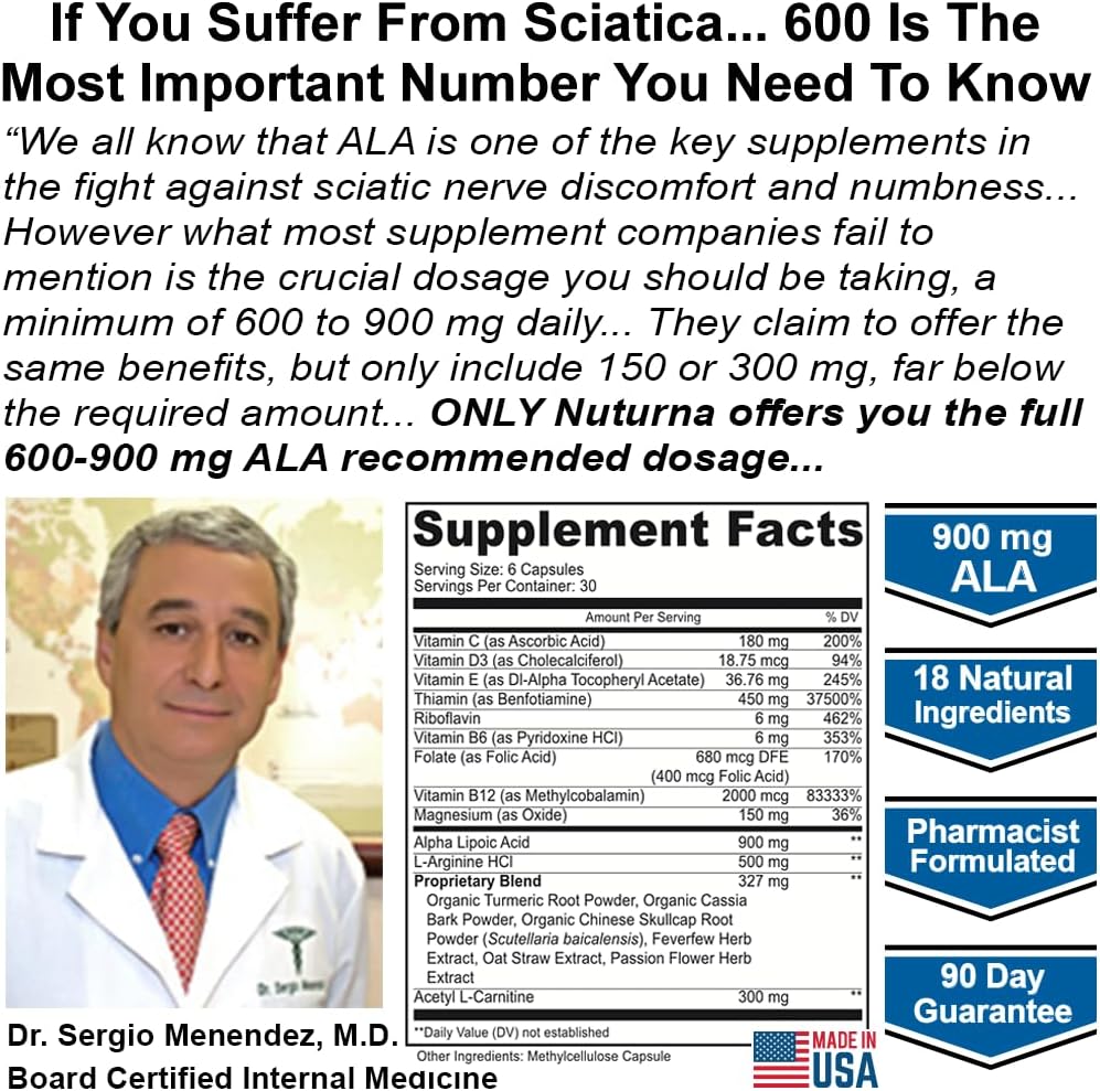 Nuturna Sciatic Nerve Support Formula with Alpha Lipoic Acid - 18 in 1 Sciatica Supplement for Lower Back, Hip, Lumbar, Leg, Foot - 180 Pills USA Made