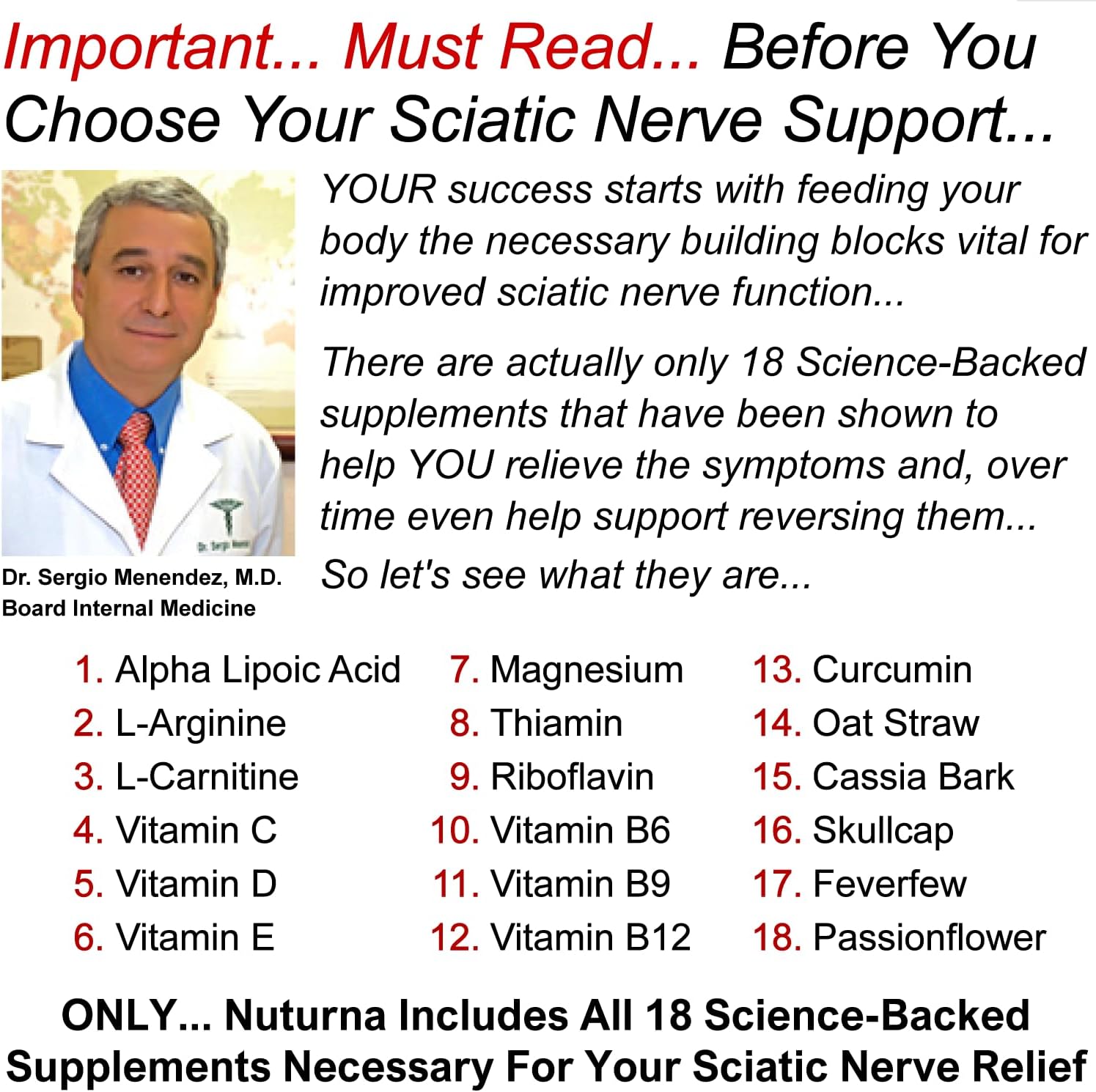 Nuturna Sciatic Nerve Support Formula with Alpha Lipoic Acid - 18 in 1 Sciatica Supplement for Lower Back, Hip, Lumbar, Leg, Foot - 180 Pills USA Made