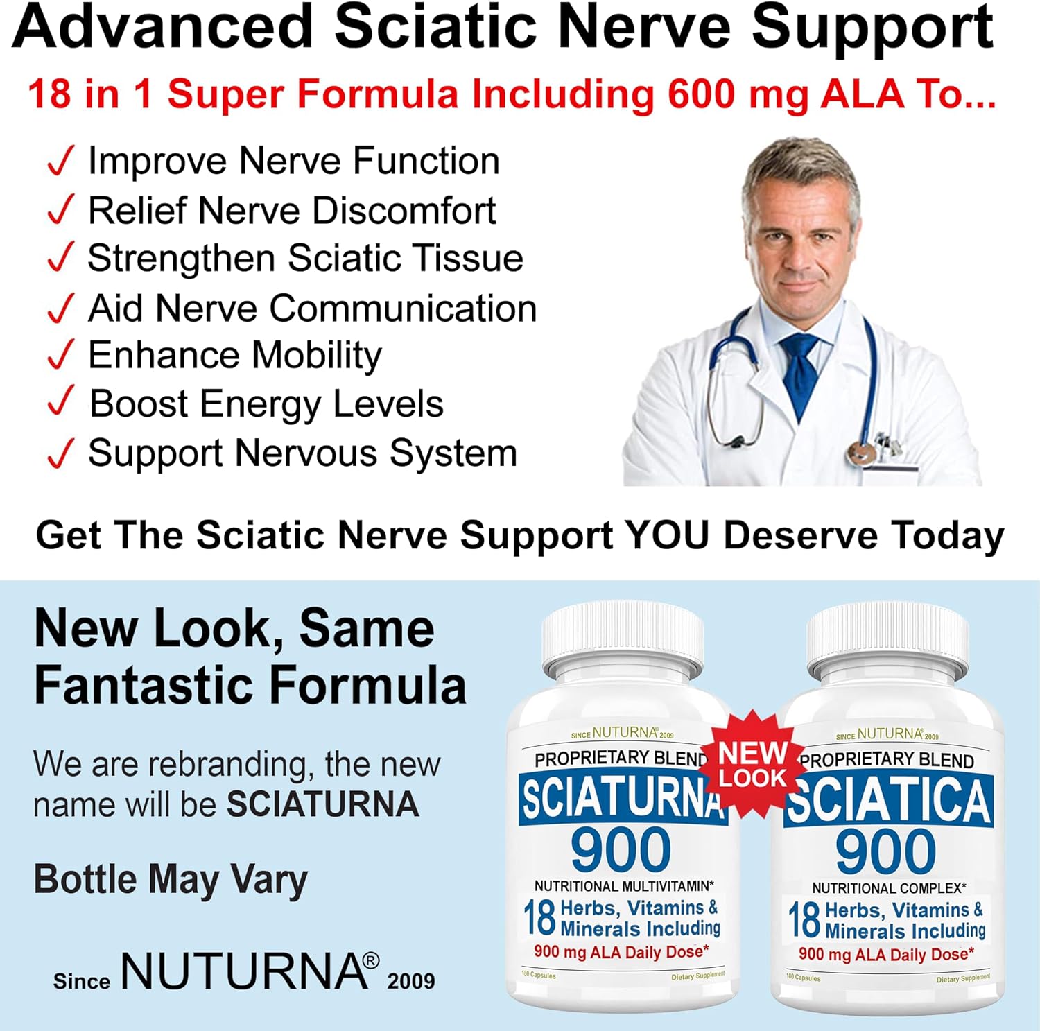 Nuturna Sciatic Nerve Support Formula with Alpha Lipoic Acid - 18 in 1 Sciatica Supplement for Lower Back, Hip, Lumbar, Leg, Foot - 180 Pills USA Made