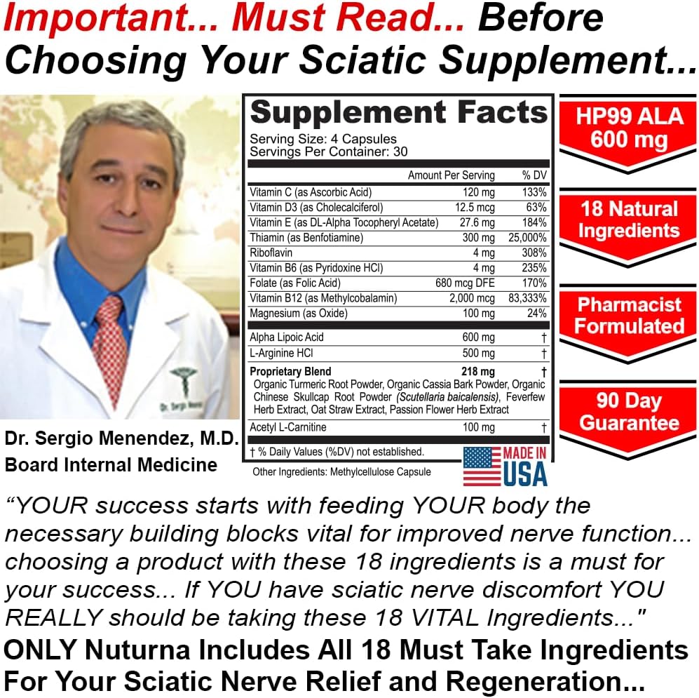 Nuturna Sciatica Supplement: Maximum Strength ALA Sciatic Nerve Support - 18-in-1 Natural Nerve Vitamins - 120 Capsules