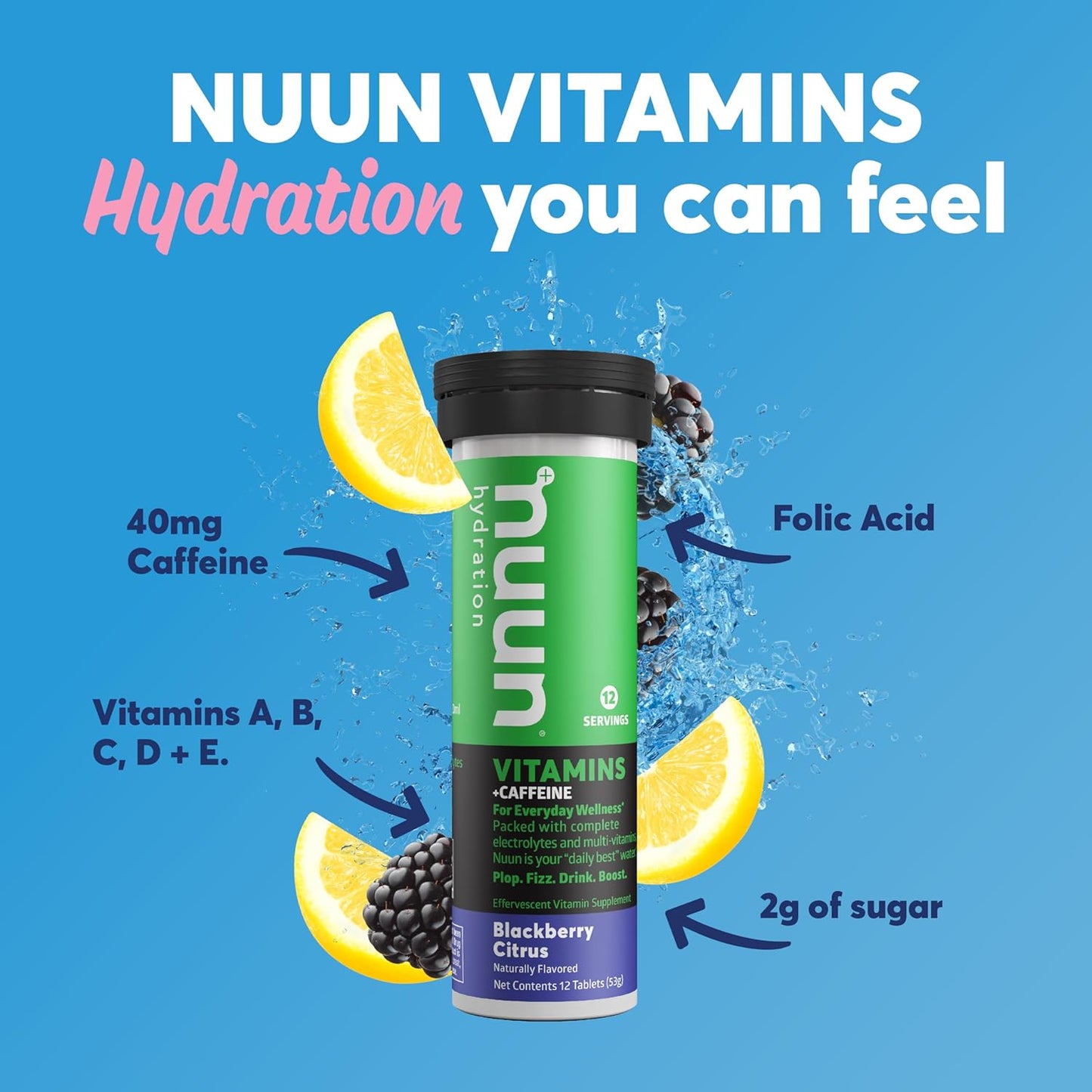 Nuun Hydration Electrolyte Tablets with Caffeine, Blackberry Citrus Flavor, 5 Essential Electrolytes + Vitamins A, B6, C, D, E, Magnesium, Vegan, Non-GMO - 8 Tubes (96 Servings)