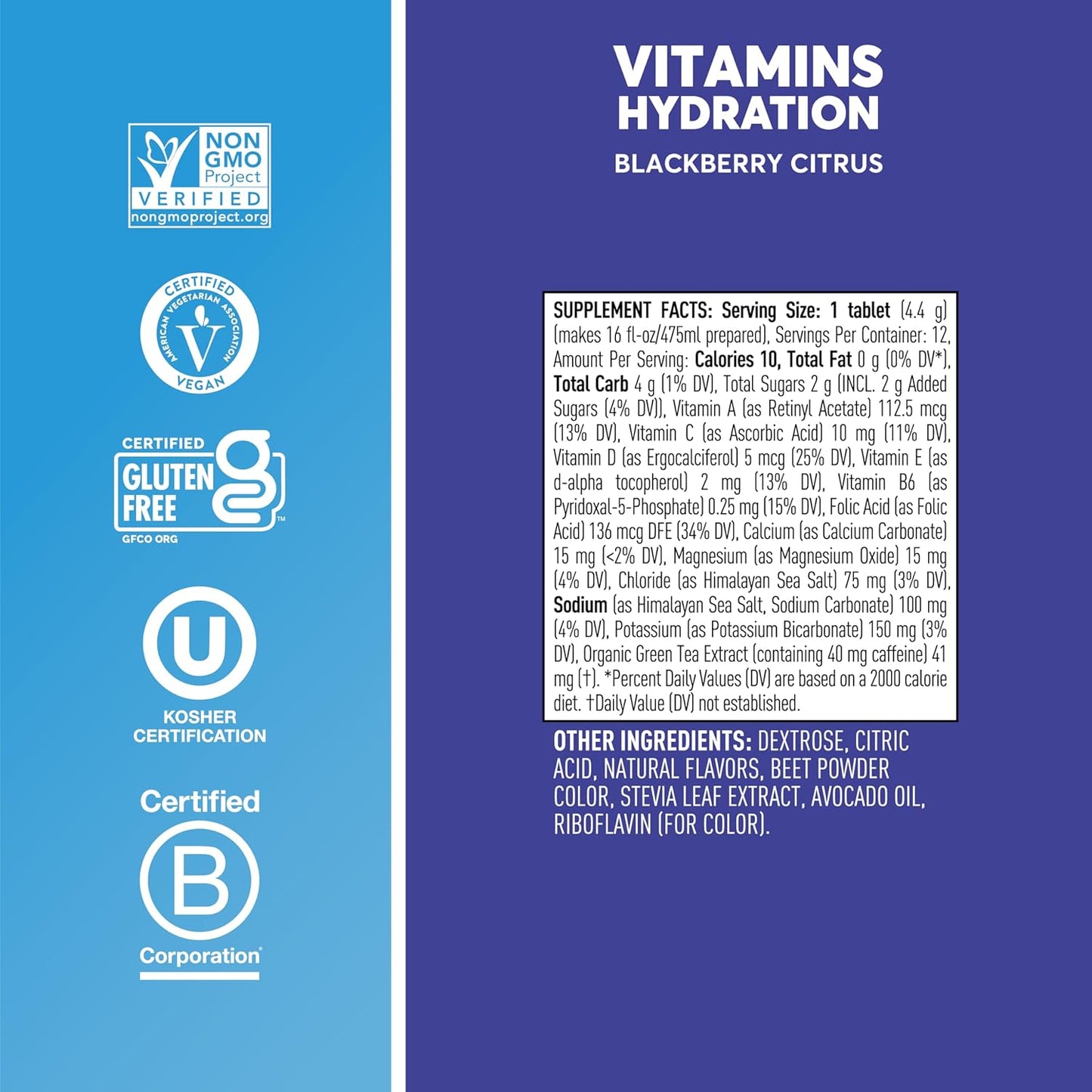 Nuun Hydration Electrolyte Tablets with Caffeine, Blackberry Citrus Flavor, 5 Essential Electrolytes + Vitamins A, B6, C, D, E, Magnesium, Vegan, Non-GMO - 8 Tubes (96 Servings)