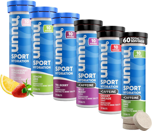 Nuun Sport + Caffeine Electrolyte Tablets Variety Pack - Dissolvable in Water | 5 Essential Electrolytes, 1g Sugar | Vegan, Non-GMO | 6 Pack (60 Servings)