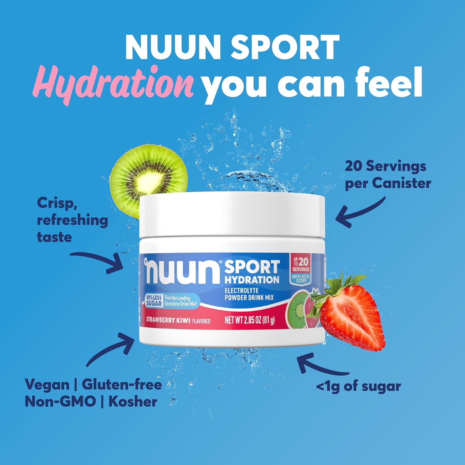 Nuun Sport Electrolyte Powder Canister - Strawberry Kiwi, Hydration Drink Mix with 5 Essential Electrolytes, 15mg Magnesium, Vegan, Non-GMO - 20 Servings