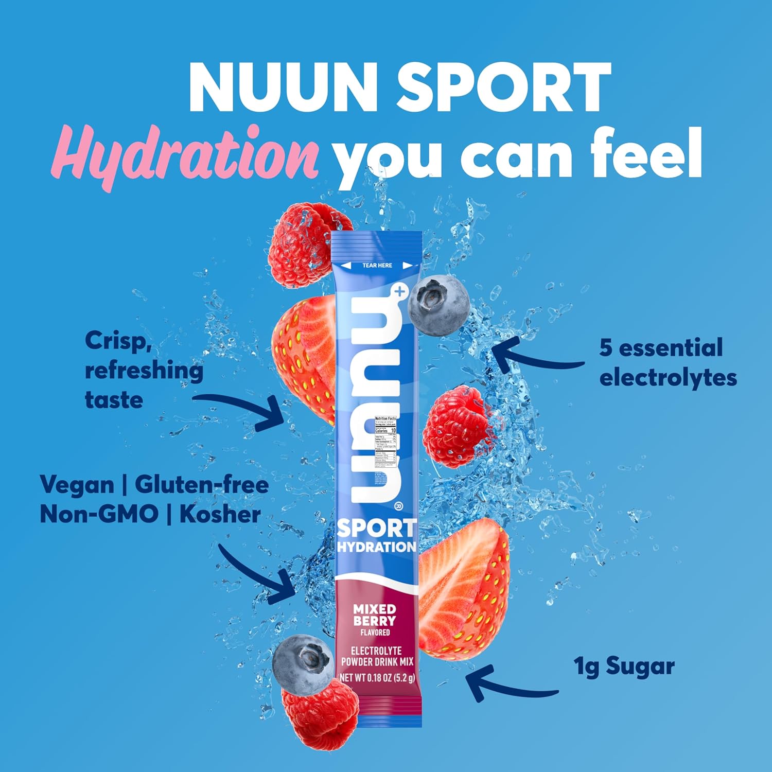 Nuun Sport Electrolyte Powder Packets - Mixed Berry Flavor | Hydration Drink Mix with 5 Essential Electrolytes & Magnesium | Non GMO, Vegan | 16 Single Servings