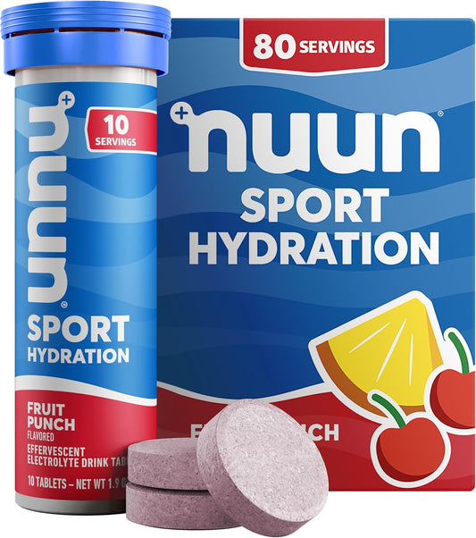 Nuun Sport Electrolyte Tablets - Fruit Punch Flavor, Dissolves in Water, 5 Essential Electrolytes, Hydration Drink Mix with 1g Sugar, Vegan, Non-GMO - 8 Pack (80 Servings)