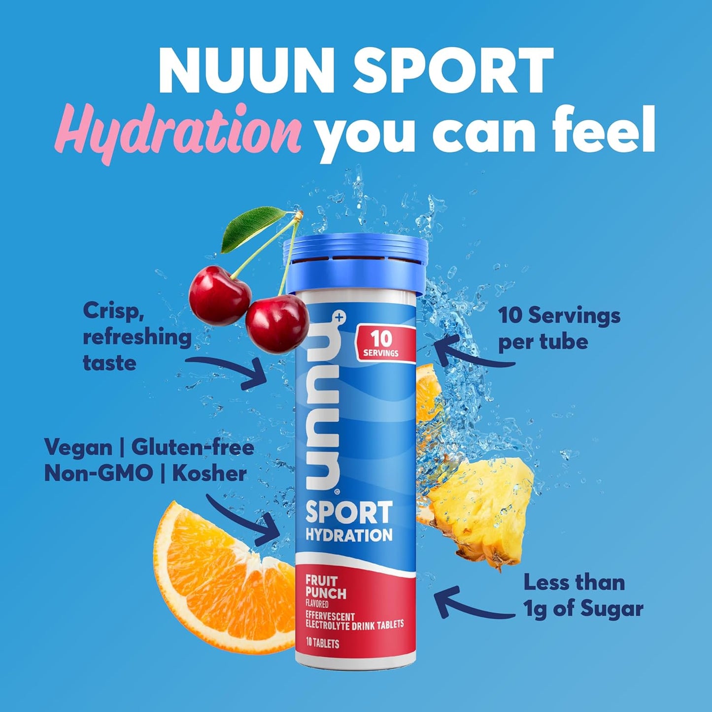 Nuun Sport Electrolyte Tablets - Fruit Punch Flavor, Dissolves in Water, 5 Essential Electrolytes, Hydration Drink Mix, Vegan & Non-GMO, 4 Pack (40 Servings)