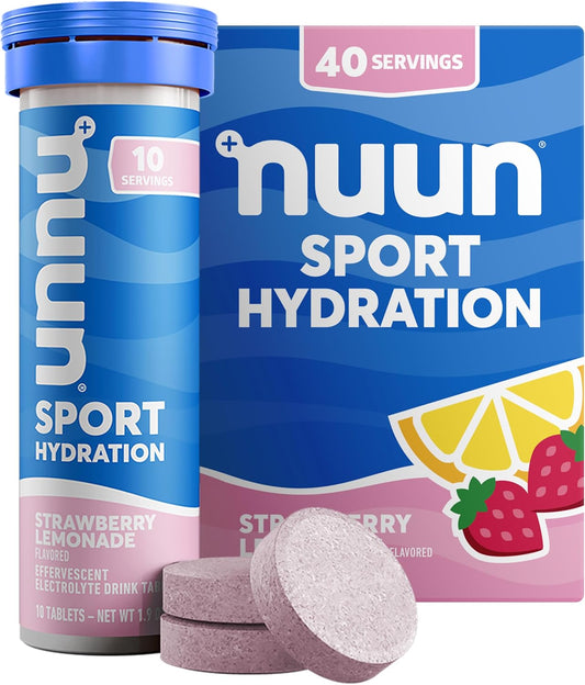 Nuun Sport Electrolyte Tablets - Strawberry Lemonade Flavor, Hydration Drink Mix with 5 Essential Electrolytes, Vegan and Non-GMO, 4 Pack (40 Servings)