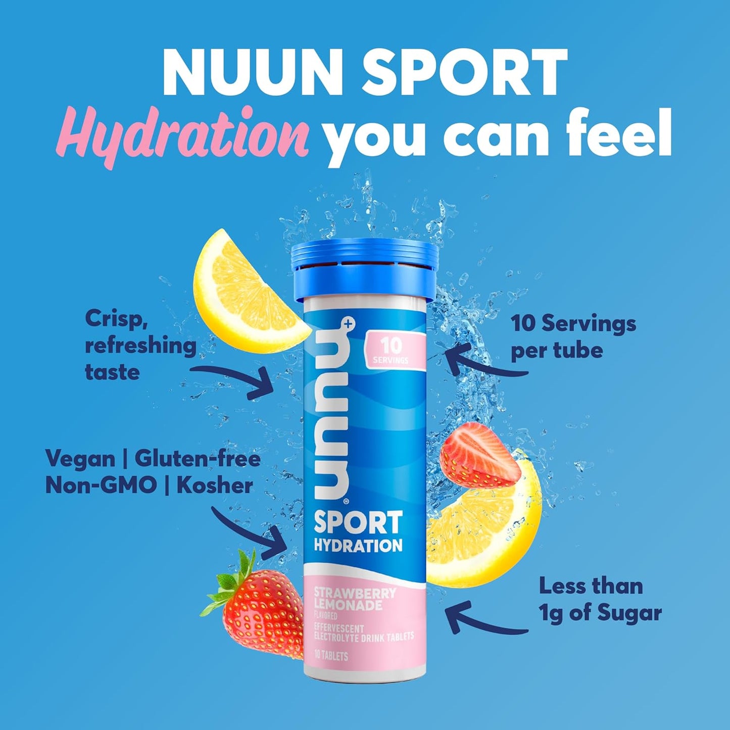 Nuun Sport Electrolyte Tablets - Strawberry Lemonade Flavor, Hydration Drink Mix with 5 Essential Electrolytes, Vegan and Non-GMO, 4 Pack (40 Servings)