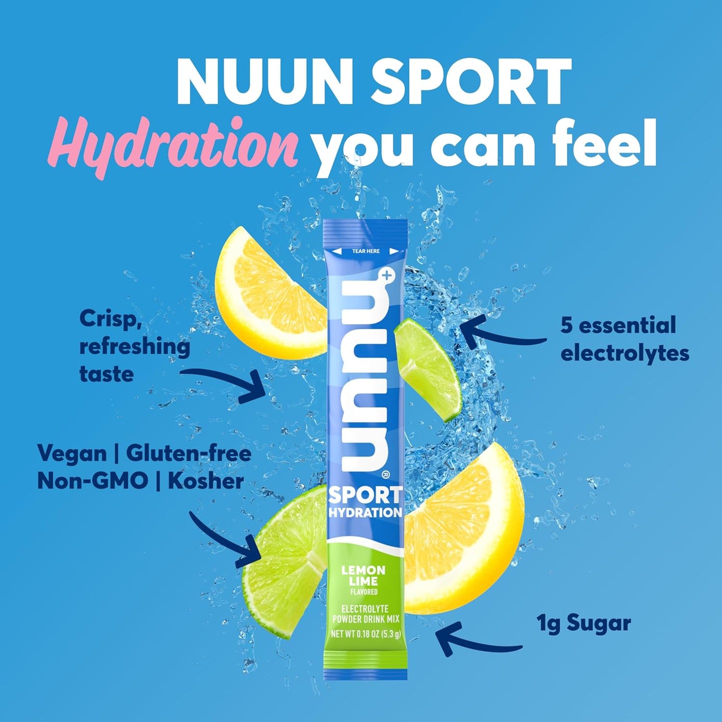 Nuun Sport Lemon Lime Electrolyte Powder Packets - Hydration Drink Mix with Magnesium - 16 Single Serving Sticks