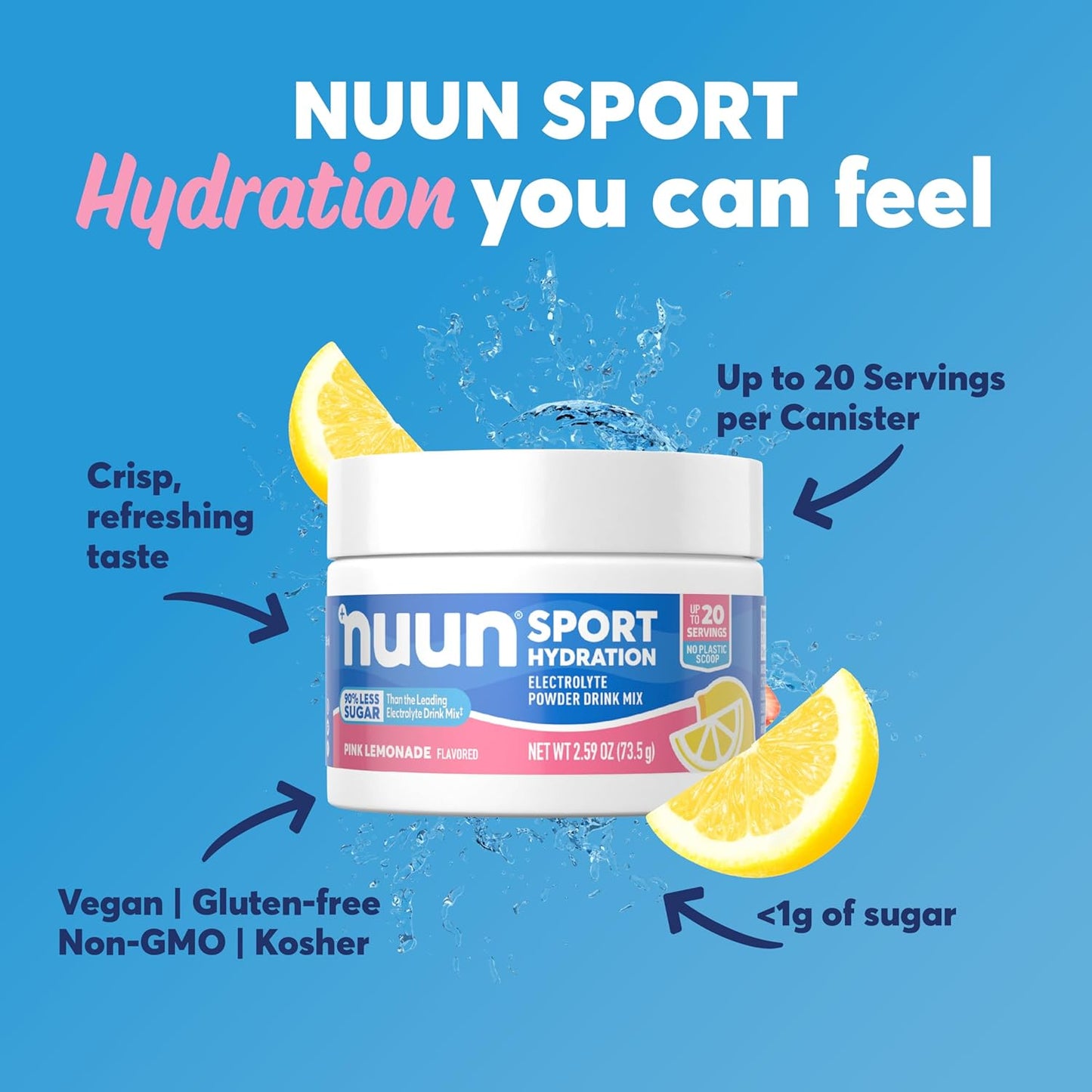 Nuun Sport Pink Lemonade Electrolyte Powder Canister - Hydration Drink Mix with 5 Essential Electrolytes, 15mg Magnesium, 1g Sugar, Non-GMO, Vegan - Up to 20 Servings