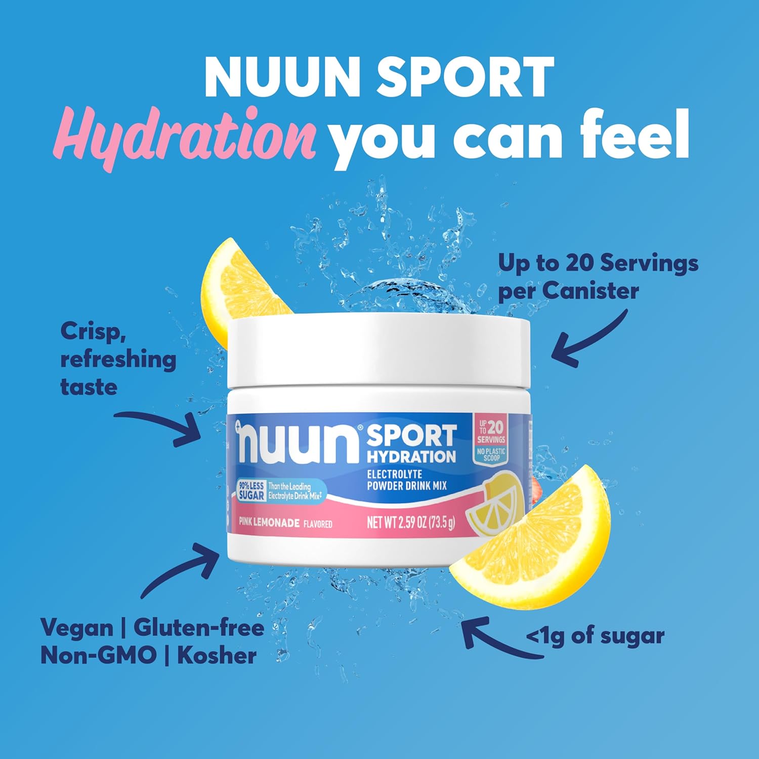 Nuun Sport Pink Lemonade Electrolyte Powder Canister - Hydration Drink Mix with 5 Essential Electrolytes, 15mg Magnesium, 1g Sugar, Non-GMO, Vegan - Up to 20 Servings