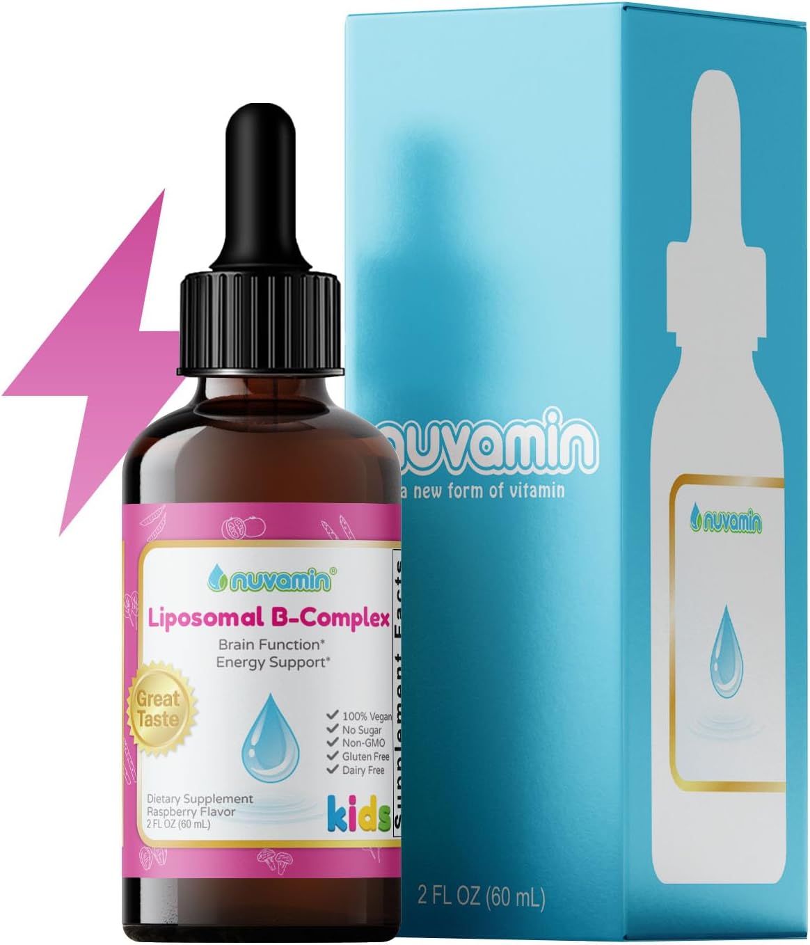 Nuvamin Liquid Liposomal B-Complex Drops for All Ages, 2Fl.Oz, 120 Servings - Raspberry Flavor