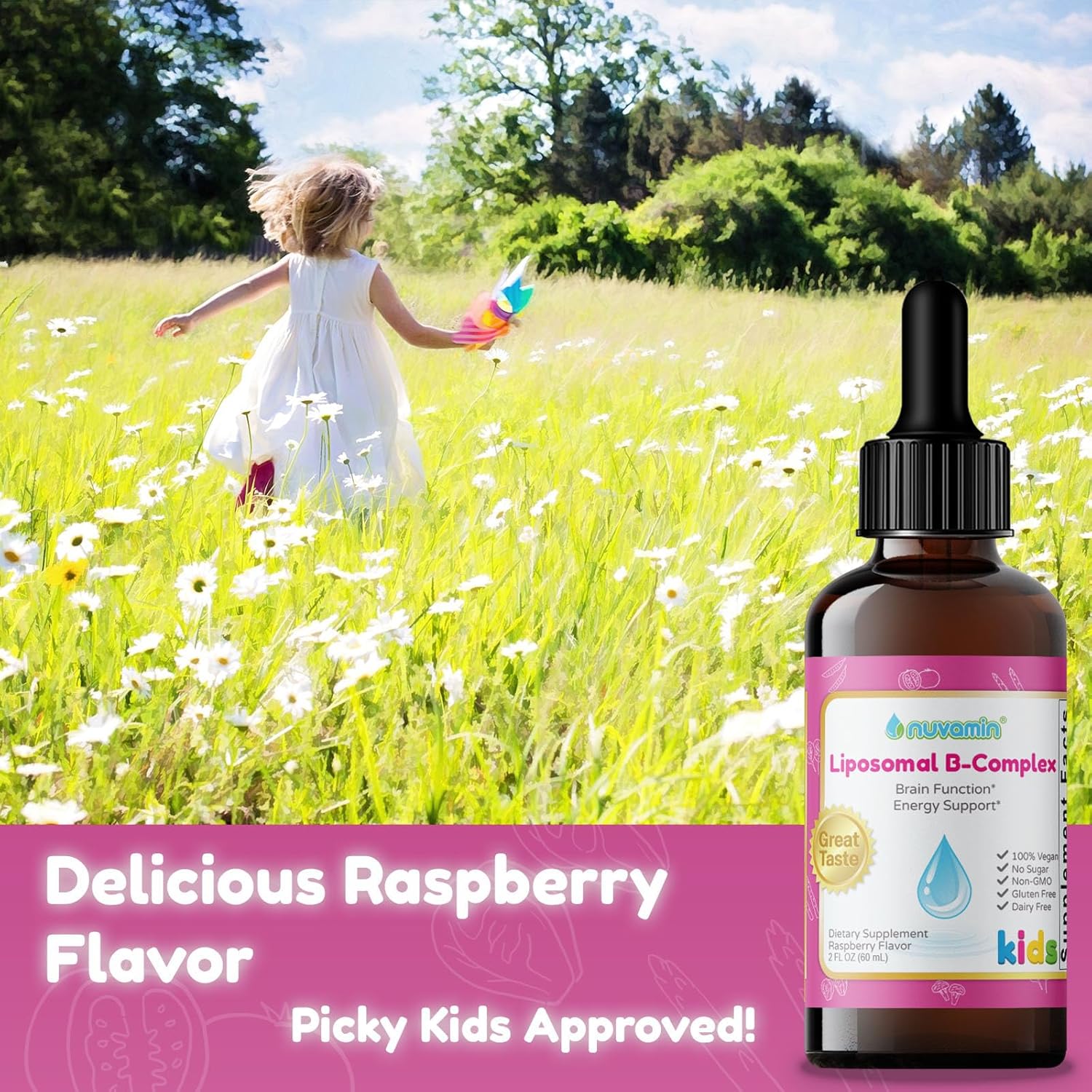 Nuvamin Liquid Liposomal B-Complex Drops for All Ages, 2Fl.Oz, 120 Servings - Raspberry Flavor