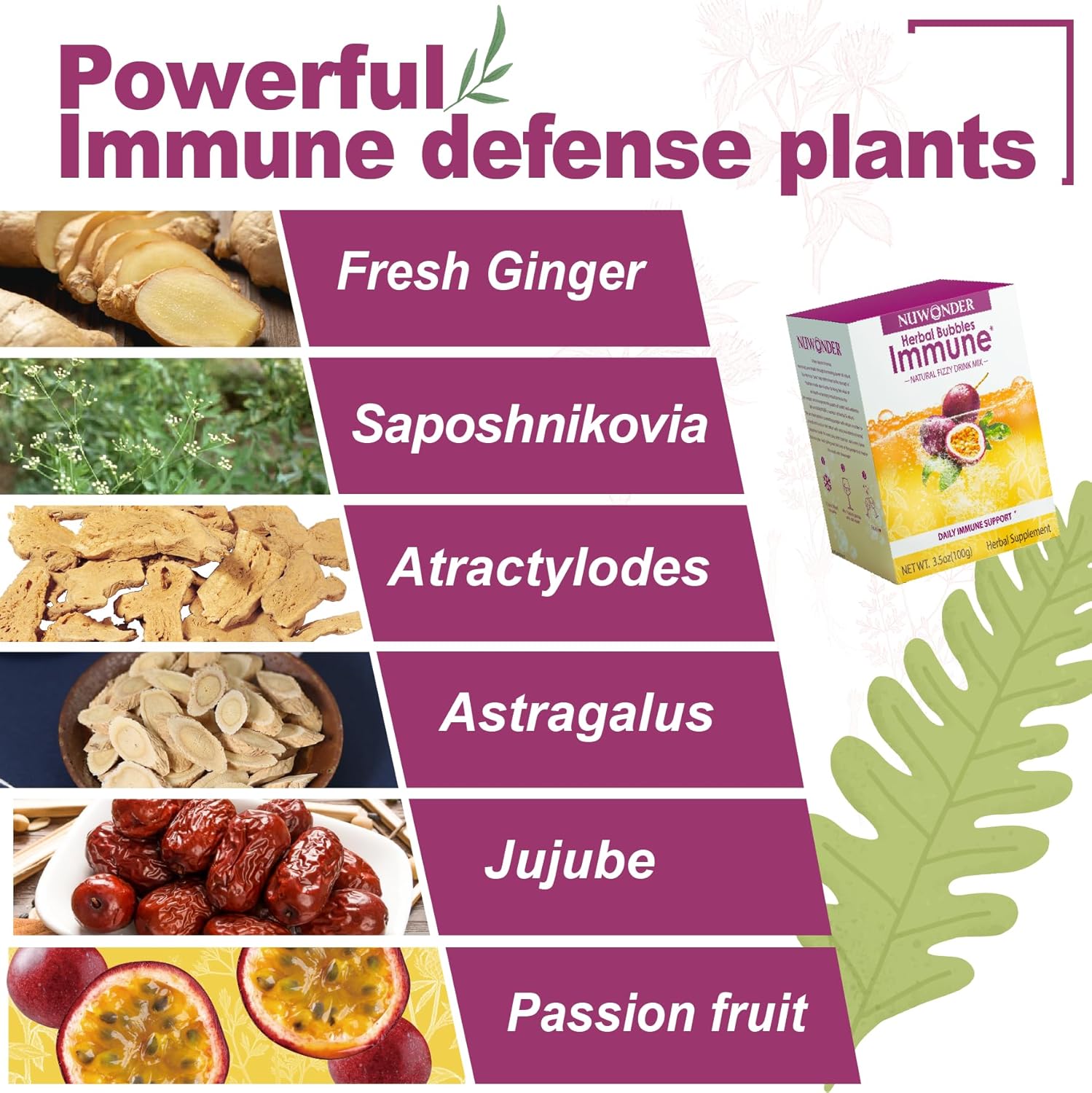 NUWONDER Immune Booster Fizzy Drink Mix Herbal Supplement with Astragalus, Ginger, Jujube, Atractylodes, Passion Fruit, 10 packs + 1 Bonus Bag, No Artificial Ingredients