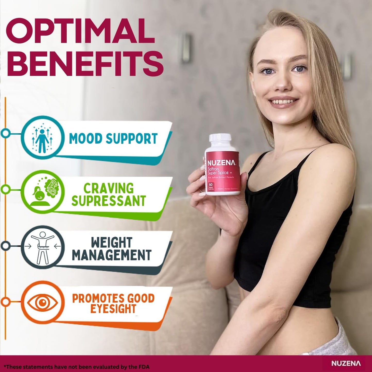 Nuzena Saffron Extract Supplements - 88.5mg per Serving - Mood Enhancer - Vegan - Non-GMO - Pure Saffron for Eyes, Memory, Mood - 60 Capsules