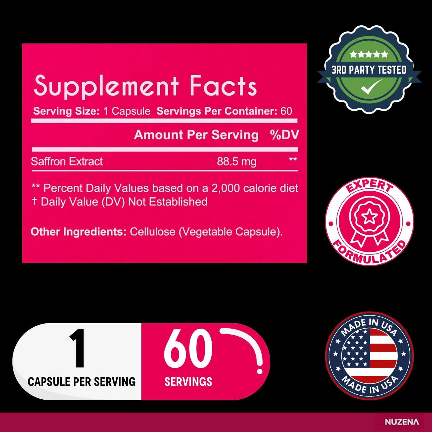 Nuzena Saffron Extract Supplements - 88.5mg per Serving - Mood Enhancer - Vegan - Non-GMO - Pure Saffron for Eyes, Memory, Mood - 60 Capsules