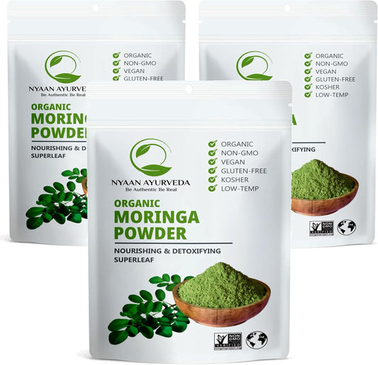 NYAAN AYURVEDA 100% Pure Moringa Oleifera Leaf Powder - Premium Quality Nutrients - Gentle Dried Leaves - Pocket Friendly Pack - Easy to Carry - 300gm Pack (Pack of 3)