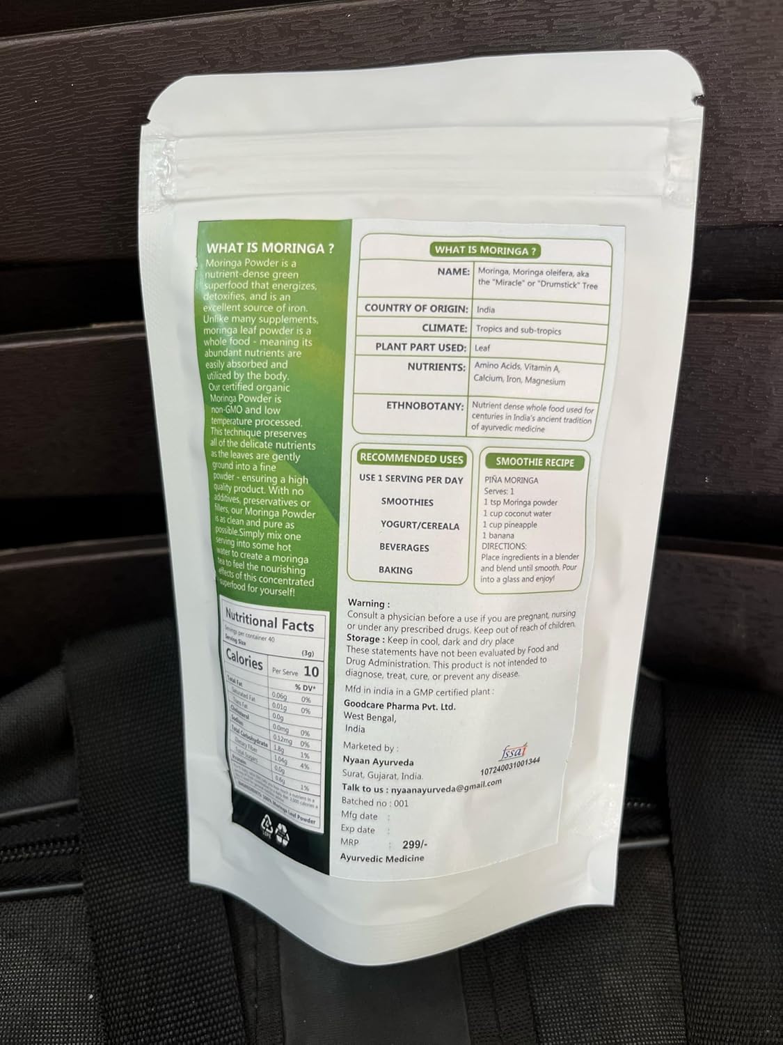 NYAAN AYURVEDA 100% Pure Moringa Oleifera Leaf Powder - Premium Quality Nutrients - Gentle Dried Leaves - Pocket Friendly Pack - Easy to Carry - 300gm Pack (Pack of 3)