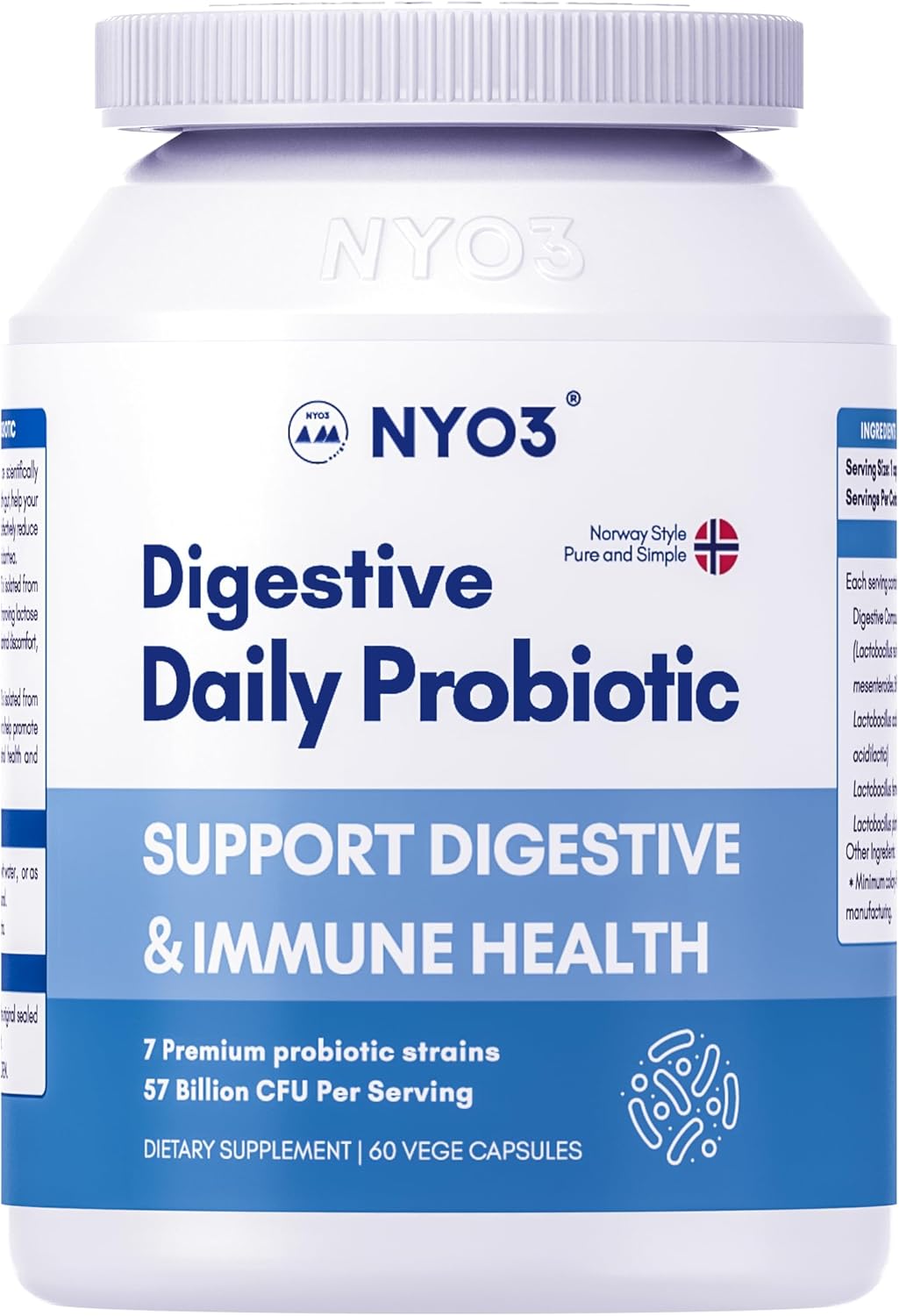 NYO3 Digestive Probiotics: 57 Billion CFU, 7 Strains, 60 Capsules for Bloat Relief and Digestive & Immune Health