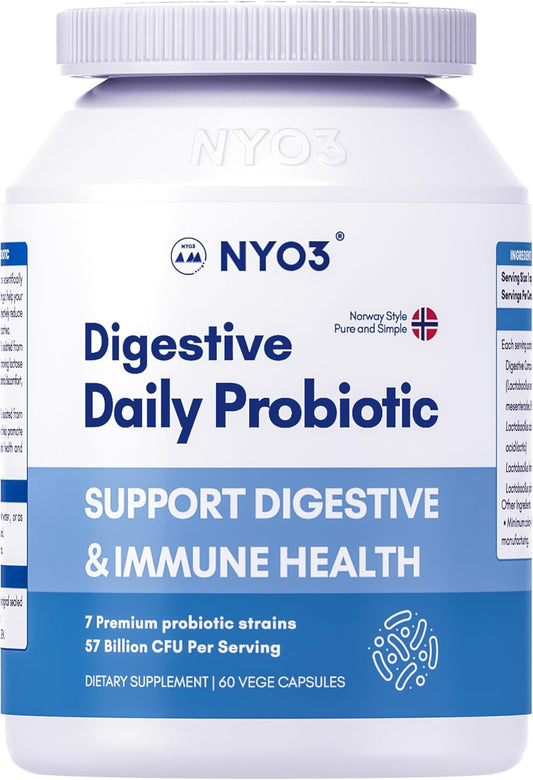 NYO3 Digestive Probiotics: 57 Billion CFU, 7 Strains, 60 Capsules for Bloat Relief and Digestive & Immune Health