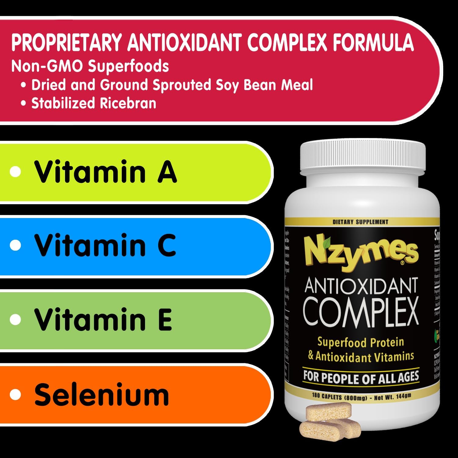 Nzymes Antioxidant Complex: Powerful Supplement with Vitamins C, E, A, Selenium, Live Enzymes - 180 Count, USA Made