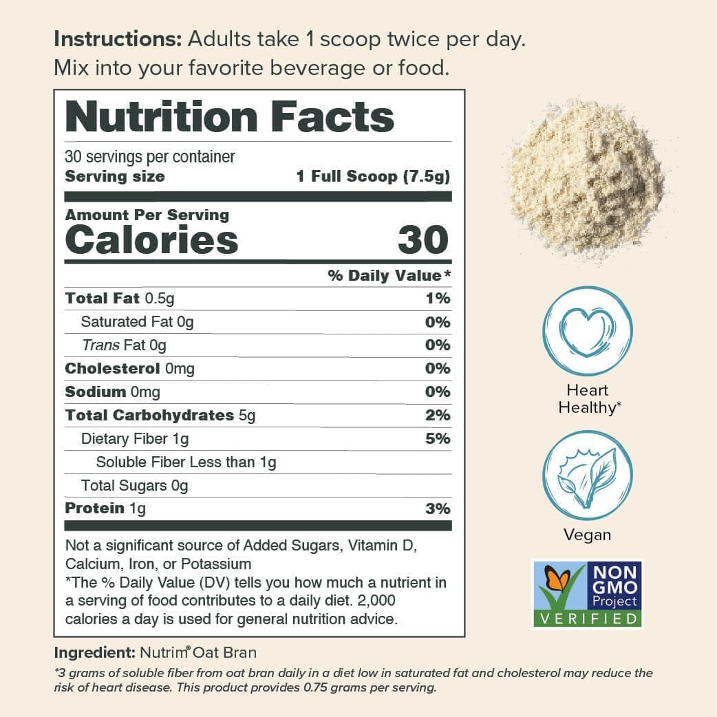 Oat Bran Powder with 750mg Beta Glucan - Soluble Fiber for Cholesterol & Immune Support - Heart Healthy & Vegan