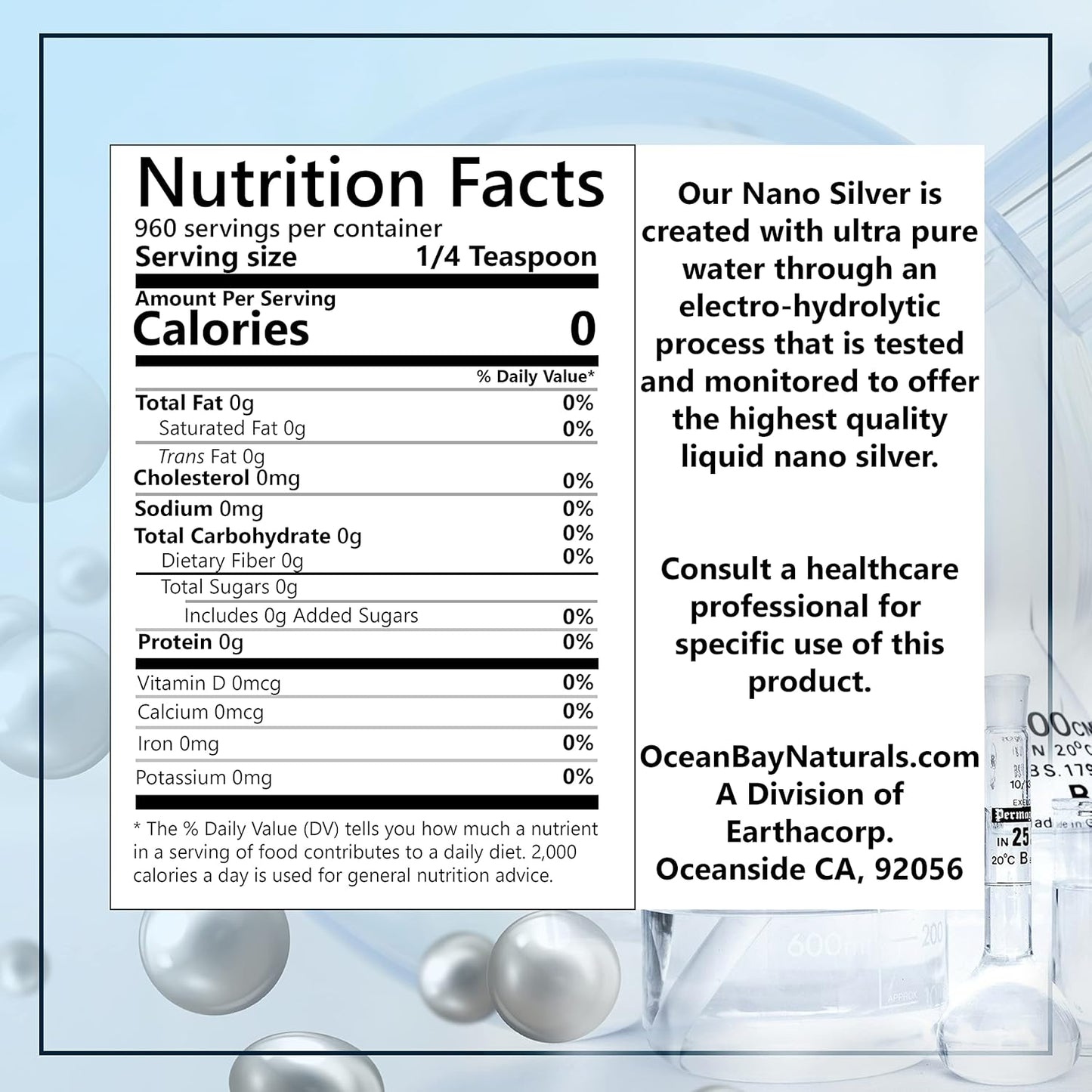 Ocean Bay Naturals Liquid Nano Silver 10ppm - Highly Absorbable Silver Solution in 32oz Amber PET Bottle