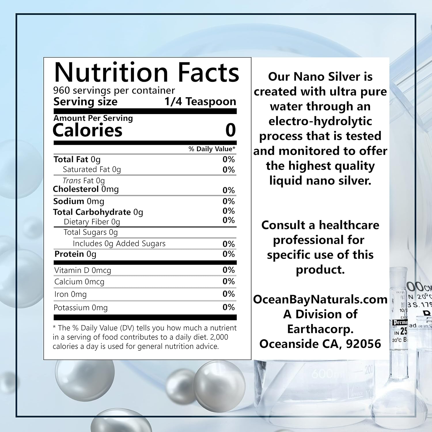 Ocean Bay Naturals Liquid Nano Silver 10ppm - Highly Absorbable Silver Solution in 32oz Amber PET Bottle