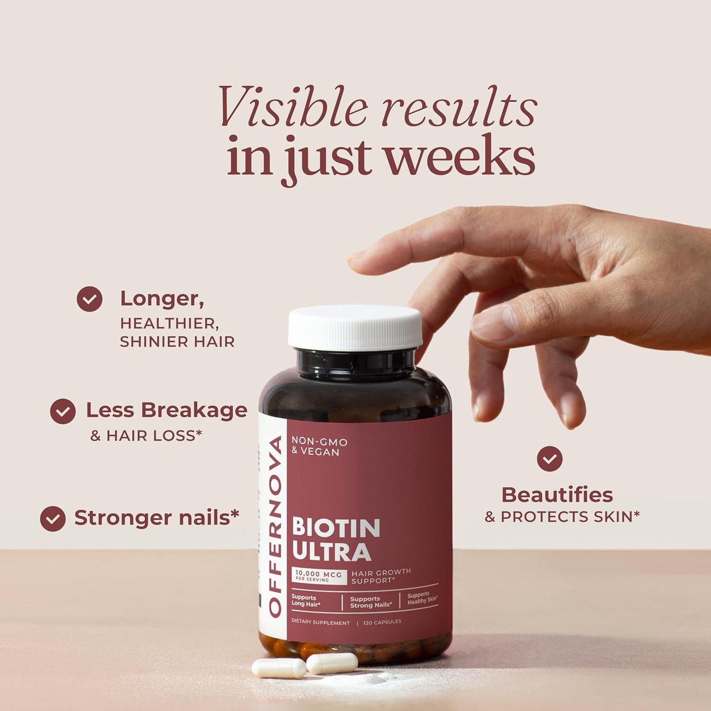 Offernova Biotin Ultra Hair Vitamins with Biotin - Hair and Beard Growth Pills | Strengthens Hair Skin and Nails - 120 Tablets