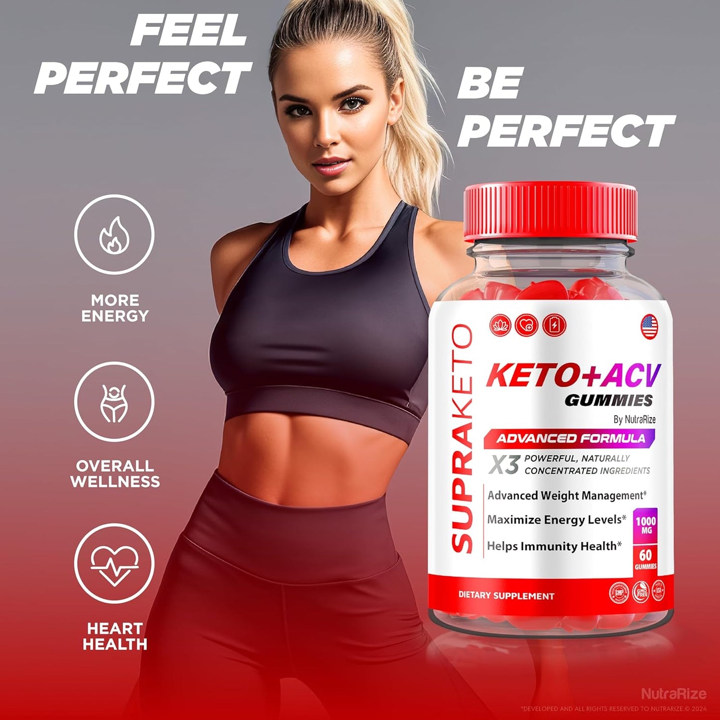 Official NutraRize Supra Keto+ACV Gummies - Pack of 3, All Natural Apple Cider Vinegar Formula - 180 Gummies