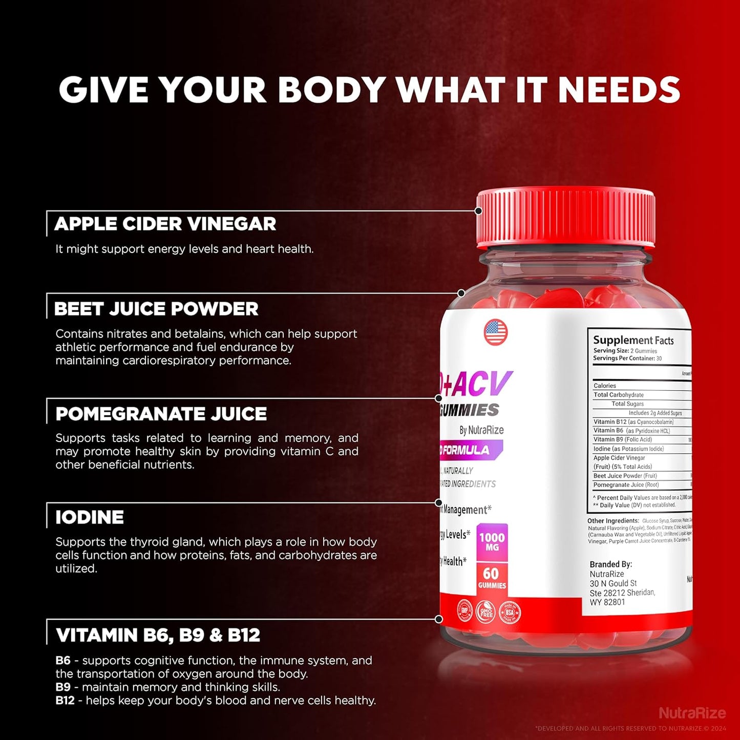 Official NutraRize Supra Keto+ACV Gummies - Pack of 3, All Natural Apple Cider Vinegar Formula - 180 Gummies