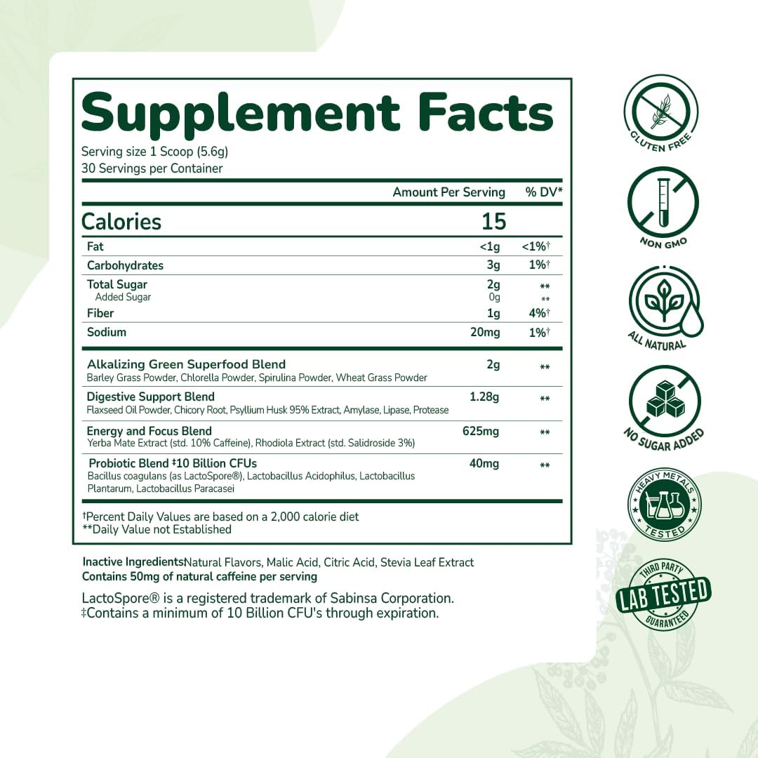 Olea Supercharge Greens Powder with Spirulina, Chlorella, Barley & Wheat Grass, Probiotics & Digestive Enzymes for Energy, Detox, & Gut Health