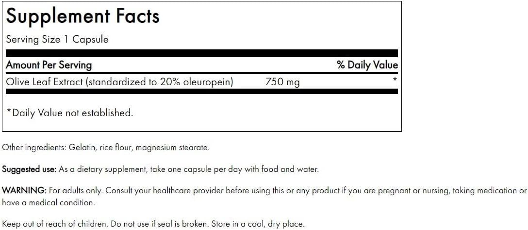 Olive Leaf Extract Capsules with 20% Oleuropein for Immune & Cardiovascular Health - 60 Capsules, 750mg