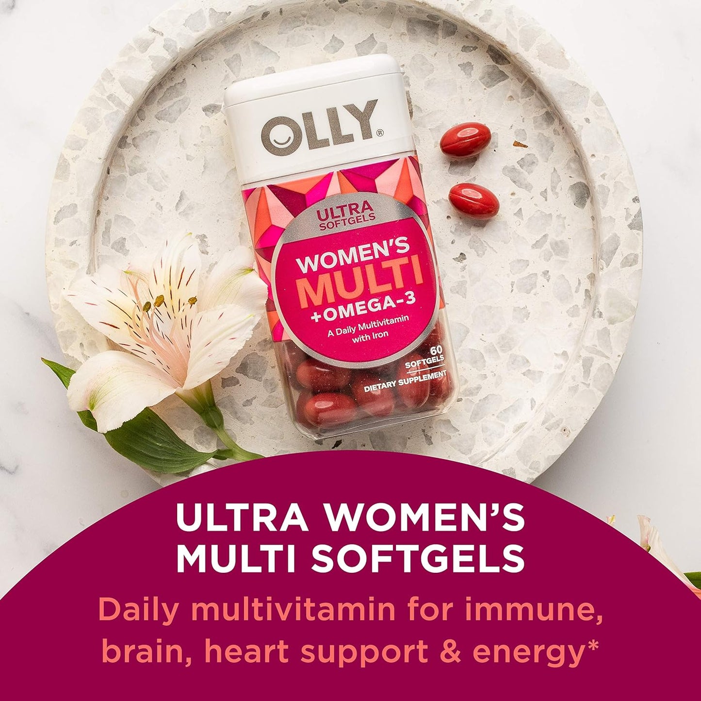 OLLY Happy Hoo-Ha Capsules & Ultra Women's Multi Softgels for Overall Health, Immune Support, Omega-3s, Iron, Vitamins A, D, C, E, B12 - 30 Day Supply, 60 Count