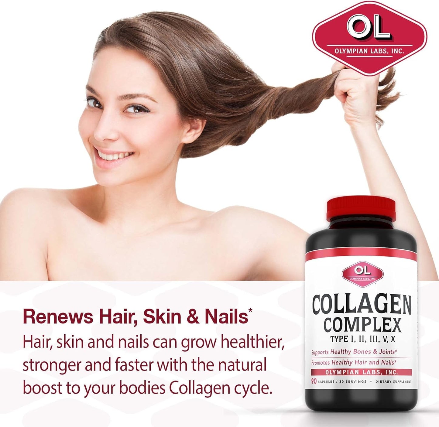 Olympian Labs Multi Collagen Complex for Hair, Nails, Joints, and Gut Health - 90 Capsules, 30-Day Supply
