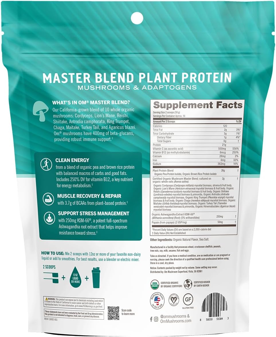 OM Mushroom Superfood Master Blend Plant-Based Protein Powder - 17.07 oz, 16 Servings, Unsweetened Original Flavor